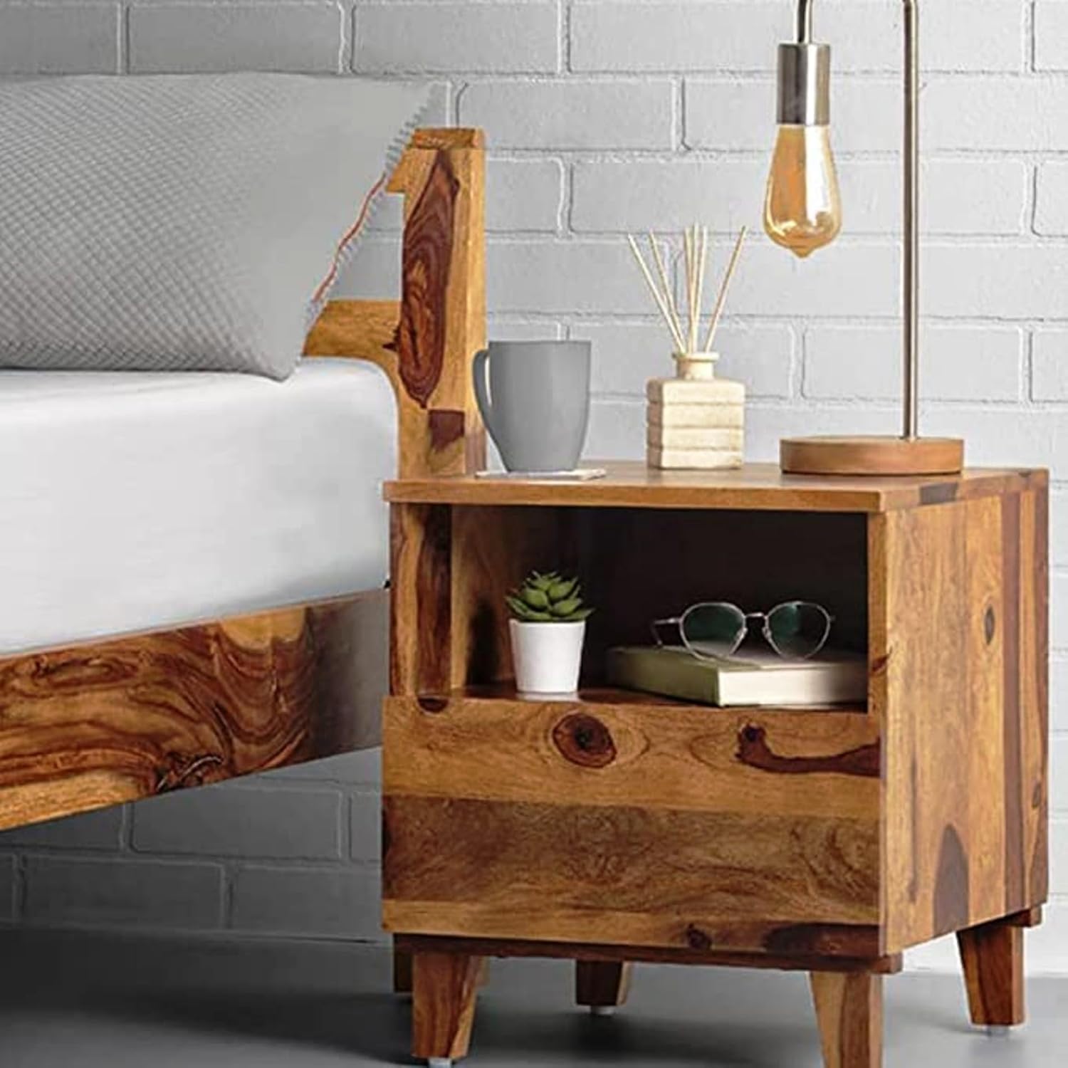 LH Craft Sheesham Wood Bedside End Table with 1 Drawer and 1 Shelf Storage for Bedroom Living Room || Wooden Sofa Side Stool for Hotels -TeakFinish-image-12