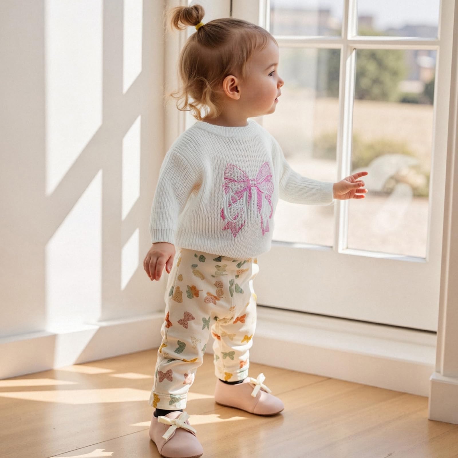 Toddler Baby Girl Knit Sweater One Year Old Sweatshirt Bow Embroidery Long Sleeve Pullover First Birthday Outfit (White, 12-18 Months)