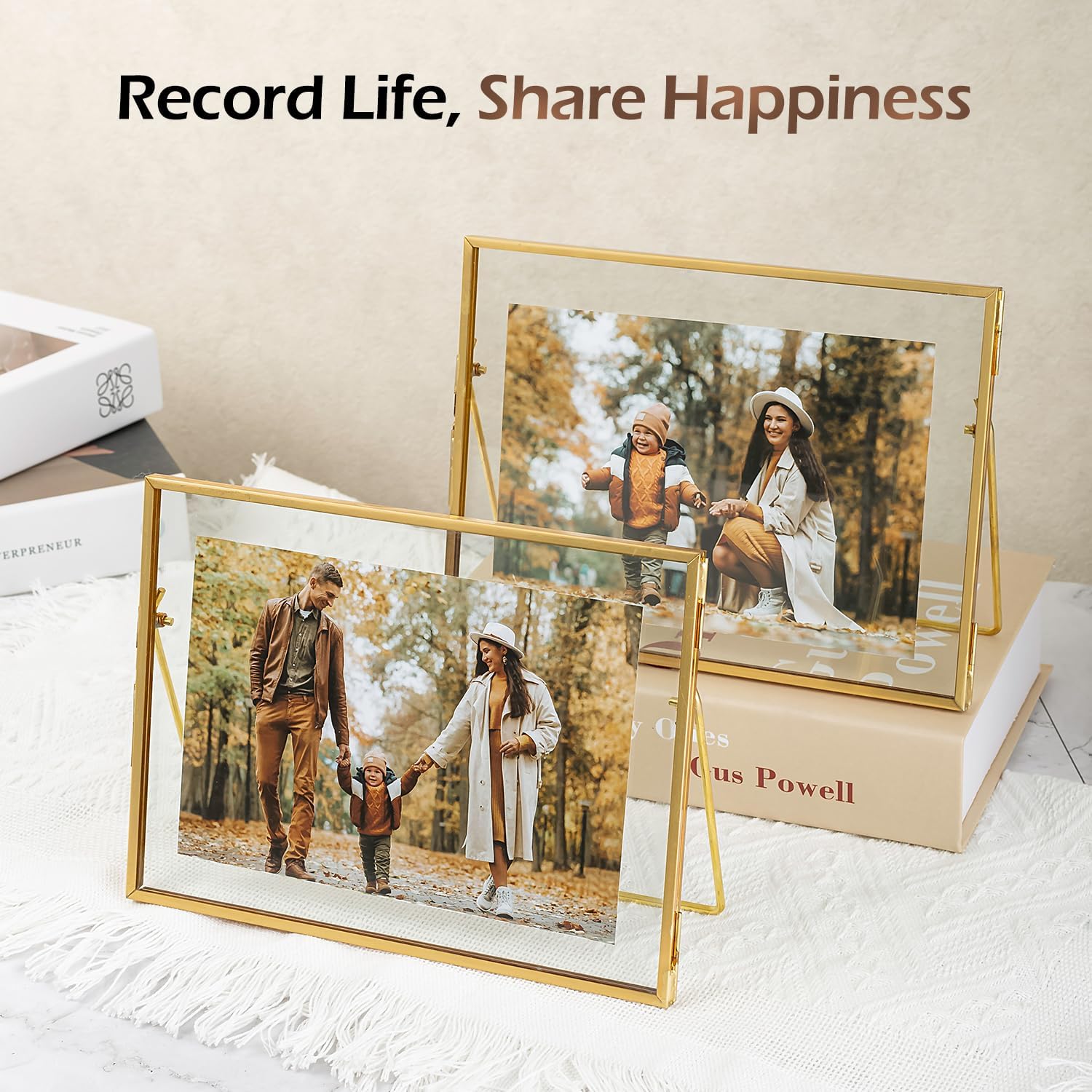 Set of 2 Gold Floating Picture Frame for 5x7 Photos, Glass Pressed Picture Frames, Horizontal Standing Tabletop Glass Floating Frame for Home Decor