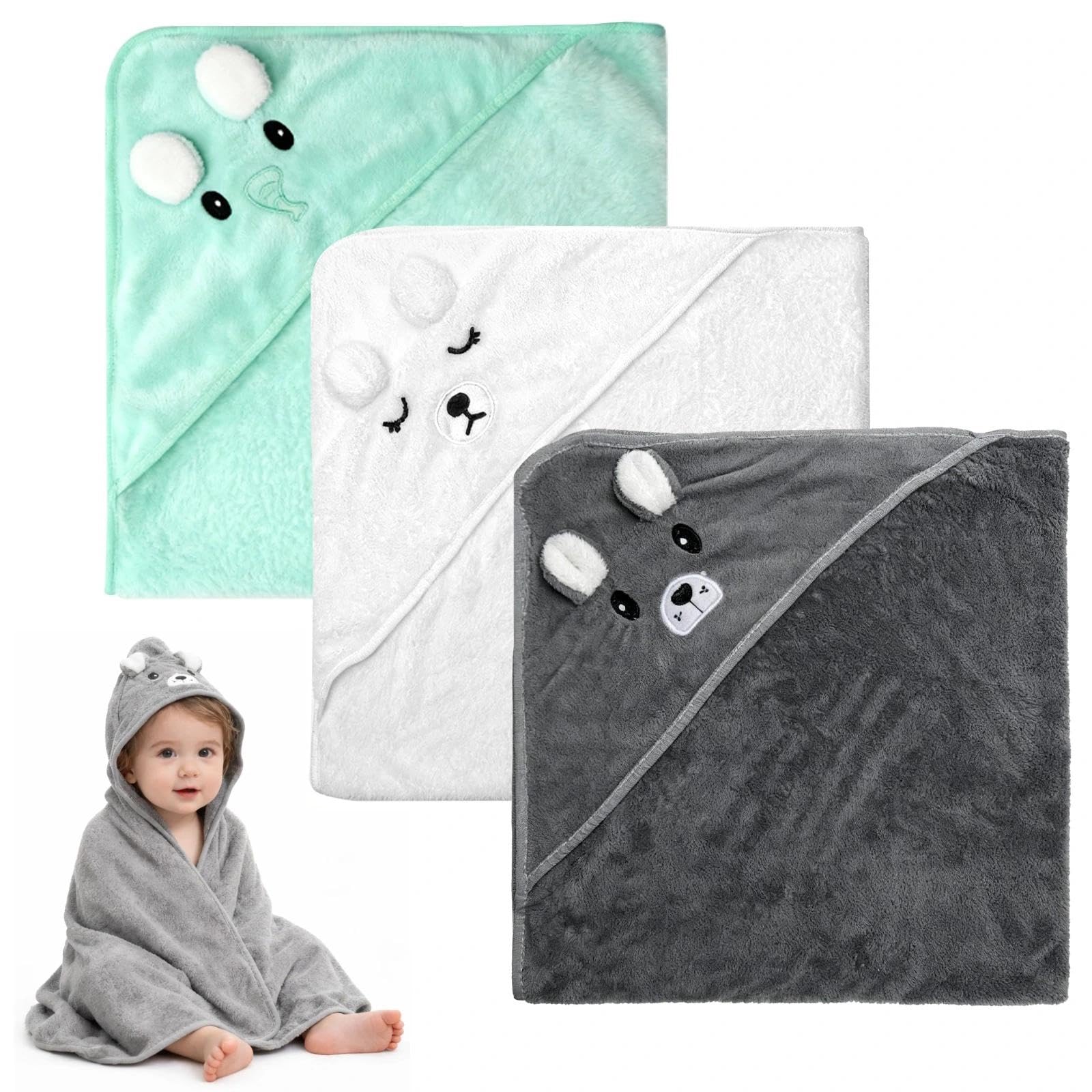 Lot de 3 serviettes à capuche pour bébé, 80 x 80 cm, serviette à capuche, serviette de bain pour bébé, serviette de bain pour bébé, serviette de bain à capuche, serviettes pour bébé