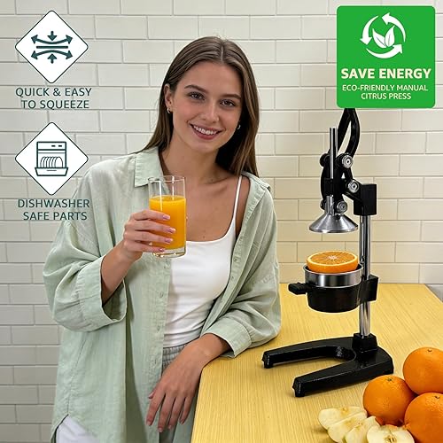 Miniatura 3 de Exprimidor manual de cítricos de alta resistencia comercial, exprimidor profesional de hierro fundido naranja con colador y taza de acero inoxidable