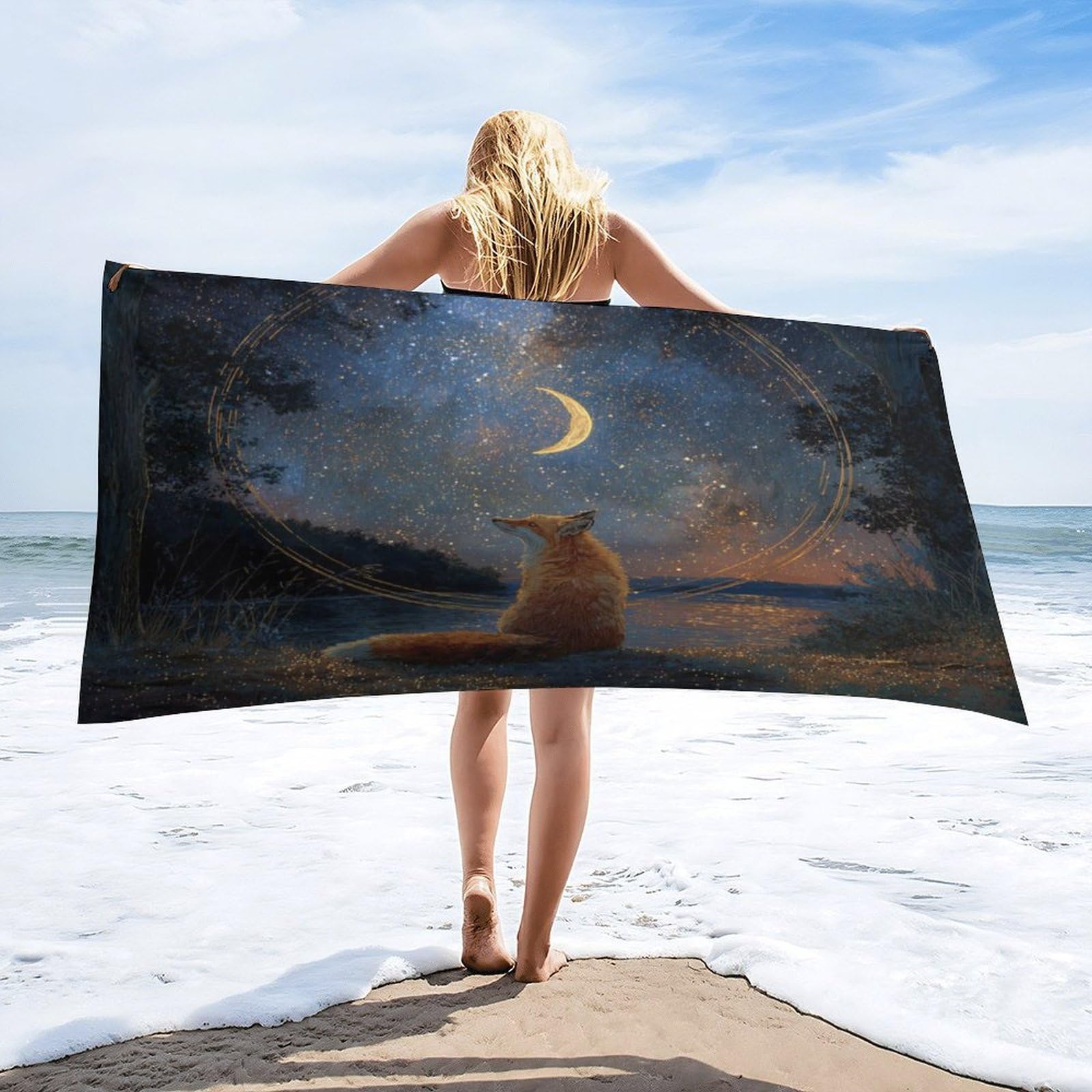 Luyysky Rustic Realistic Elegant Fox Absorbent Beach Towel, Vintage Natural Starry Sky Galaxy Pine Forest Animal Fox Outdoor Single-Sided Velvet Beach Towel-80 W Cm X 160" L Cm