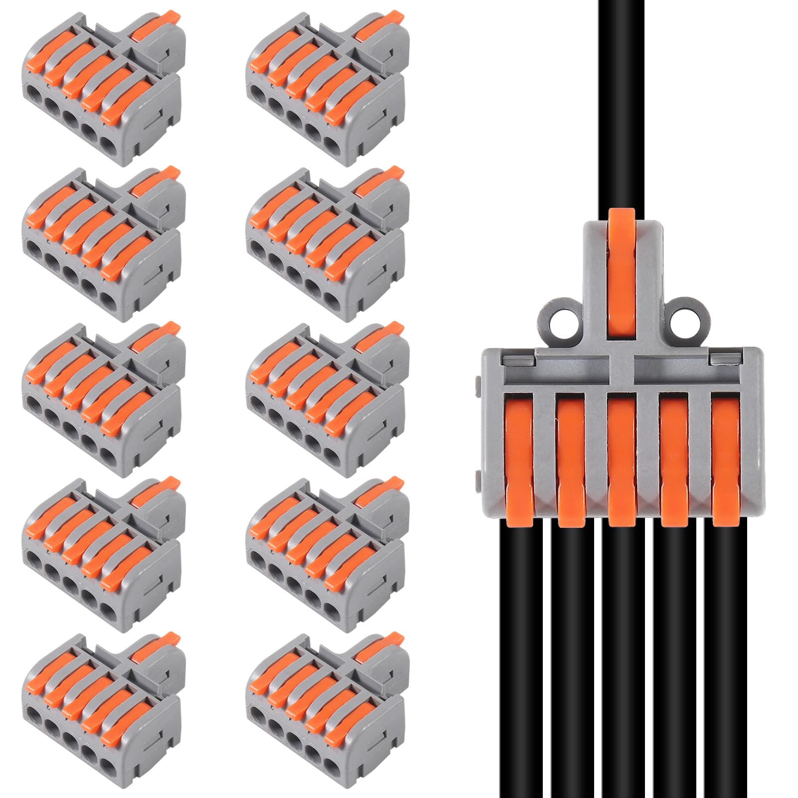 View 1 of 10Pcs 1 in 5 Lever Wire Connector Compact DIY Quick Connect Push-in Splitter Cable Splicing Butt Terminal Block Connectors - Mini Electrical Wire Splice 1 in 5 Out