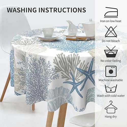 Miniatura 4 de Mantel náutico costero redondo de 60 pulgadas para verano playa estrella de mar coral estampado de conchas marinas mantel decorativo con tela
