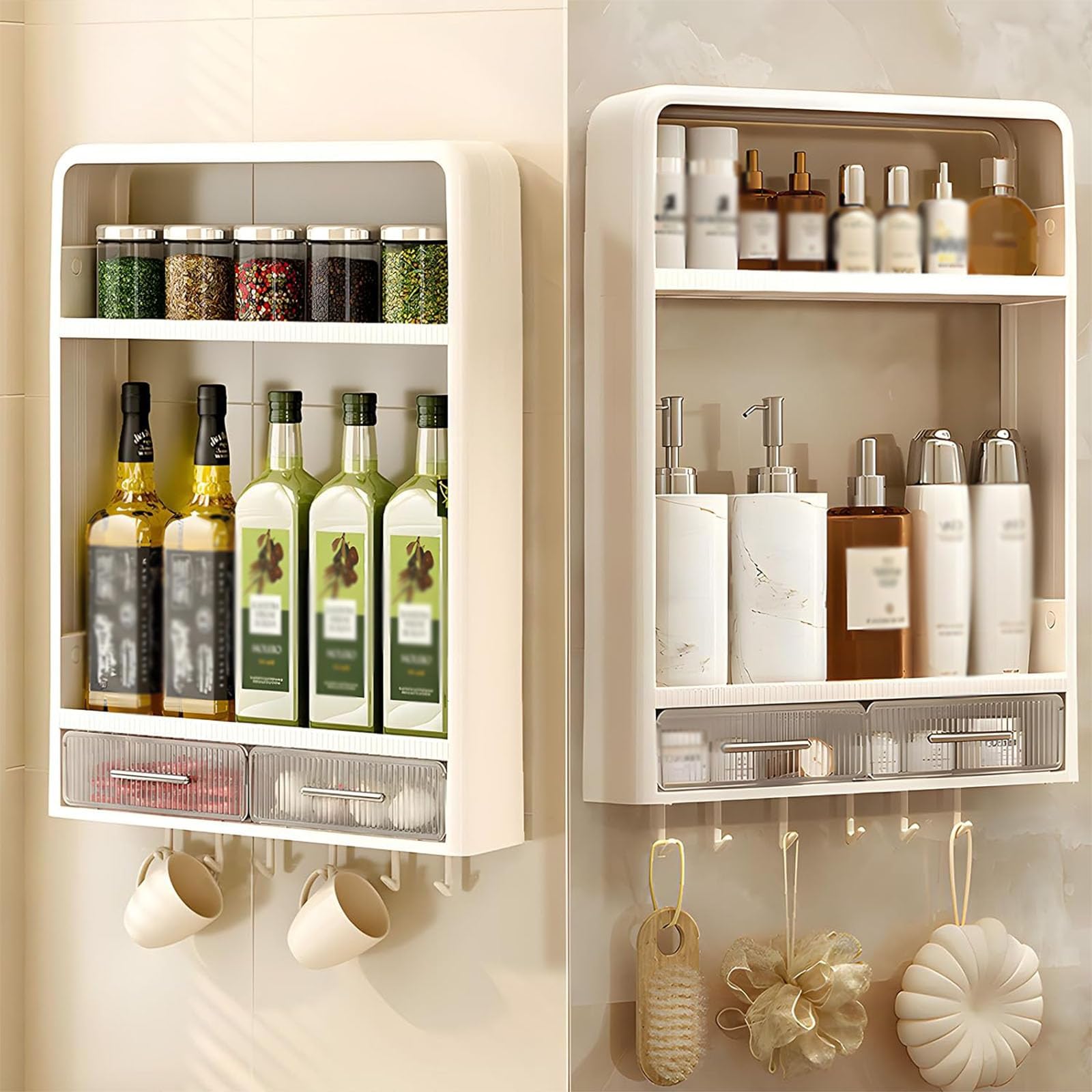 Organizador de especias, montaje en pared, 2 estantes, almacenamiento de plástico para cocina y baño, incluye cajones y ganchos para una organización eficiente