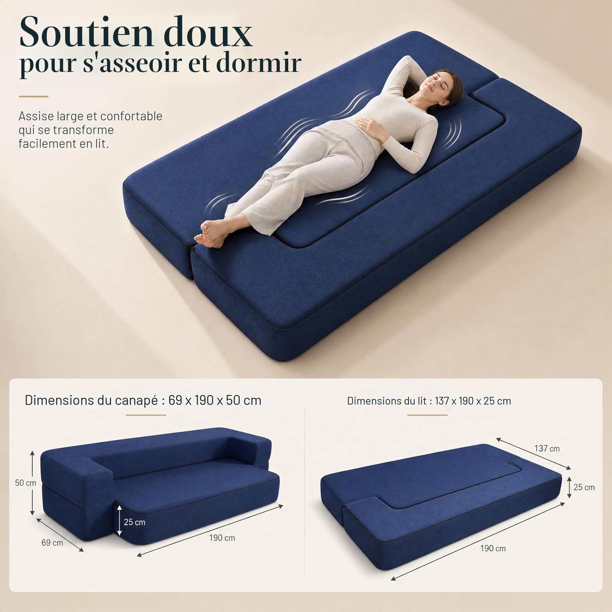 ANONER Canapé Lit Pliable 2 Places, Bleu Foncé | Canapé lit 2 en 1, mousse haute densité monobloc, hauteur assise 25cm, housse amovible, 190x137cm, salon et chambre