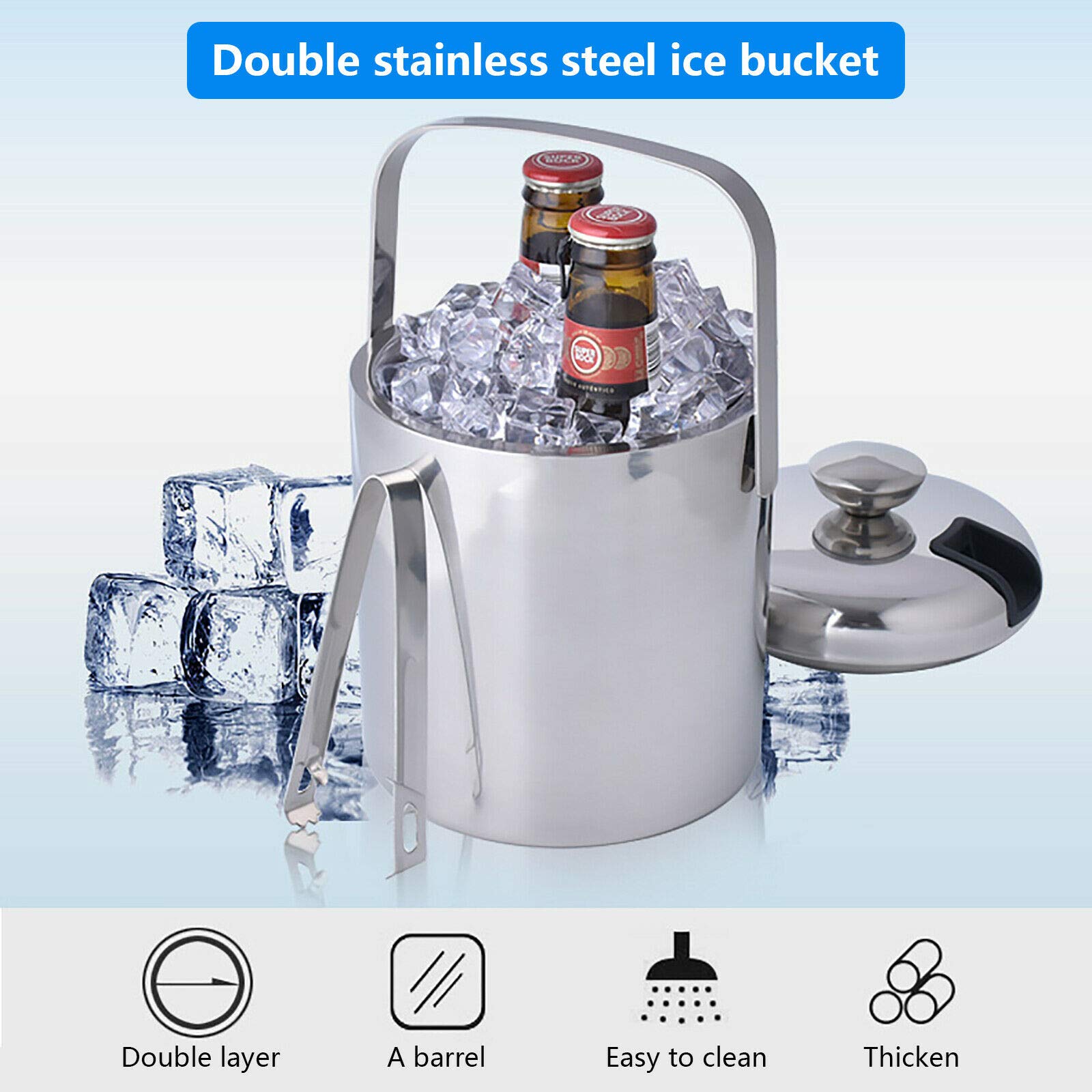 Contenitore Per Cubetti Di Ghiaccio Da 3 L, Con Coperchio E Pinza, A Doppia Parete, Isolato, In Acciaio Inox, Ideale Per Raffreddare Birra, Champagne E Frutta