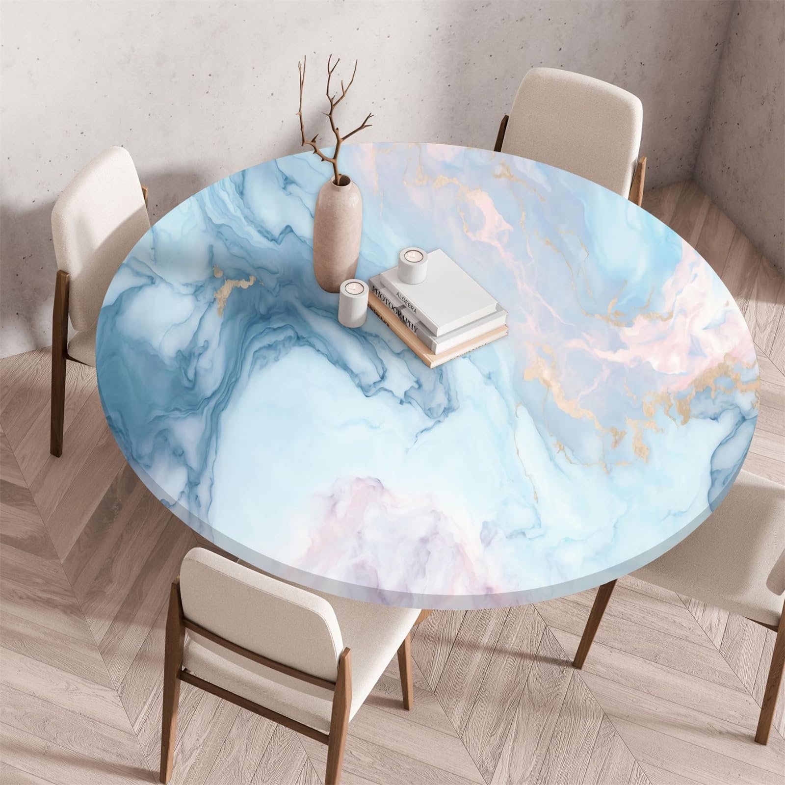 Muiuou Elastic Fitted Round Tablecloth, Marble Printing Tabletop Reusable Waterproof Oil-Proof Round Table Cover Cloth, Fitted Home Decoration Restaurant Kitchen (Diameter 130cm,Marble 2)