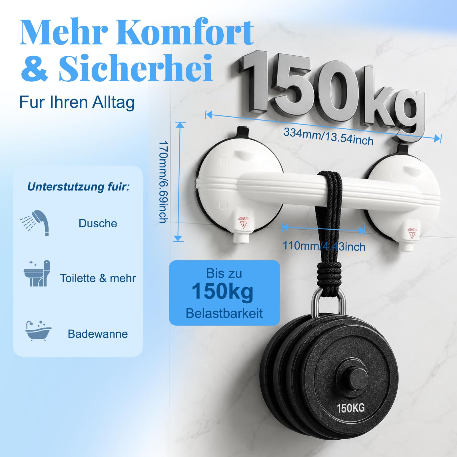 Haltegriffe für Senioren, Haltegriff Dusche mit Saugnapf bis 150KG, 34.5 CM