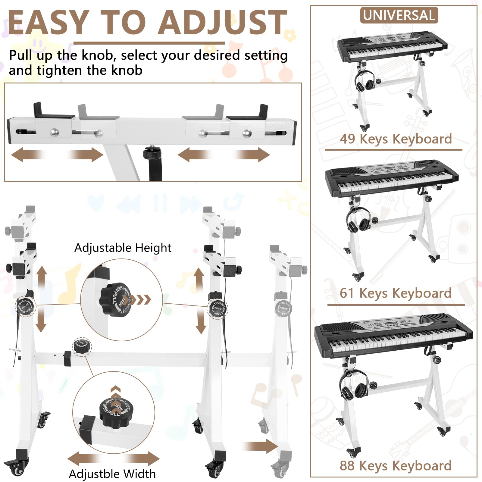 OUUTMEE Support de clavier robuste, support de piano numérique style Z, hauteur et largeur réglables, avec 4 roues pour pianos électriques de 54 à 88 touches, blanc