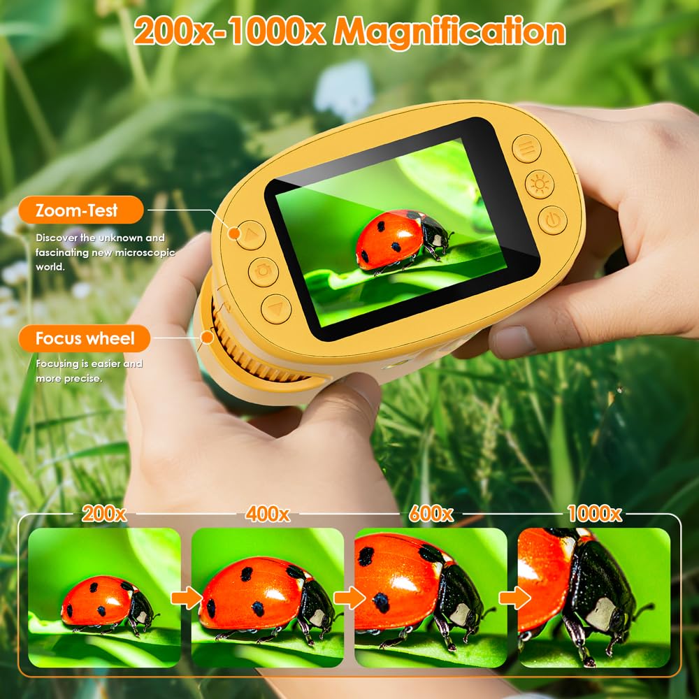 Microscopio Digitale per Bambini, Temodu da 2,0 Pollici Microscopio Digitale Bambini, con 8 luci LED Regolabili 1000X, Capodanno per dai 3 agli 12 anni (382-Yellow)