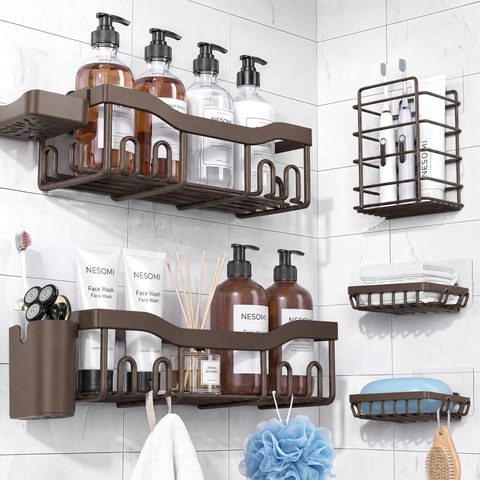NESOMI Shower Caddy Adhesive Shower Organizer 7-Pack, Rustproof Stainless Steel Bathroom Shelves, Large Capacity No-Drill Rack Storage Accessories with Soap Dish Toothbrush Holder Hooks
