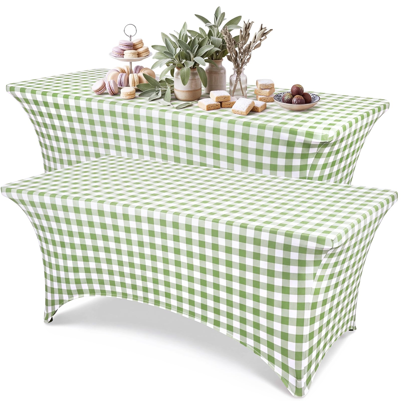 Moukeren 2 Pcs Sage Green Stretch Tablecloth 6ft Green Gingham Tablecloth