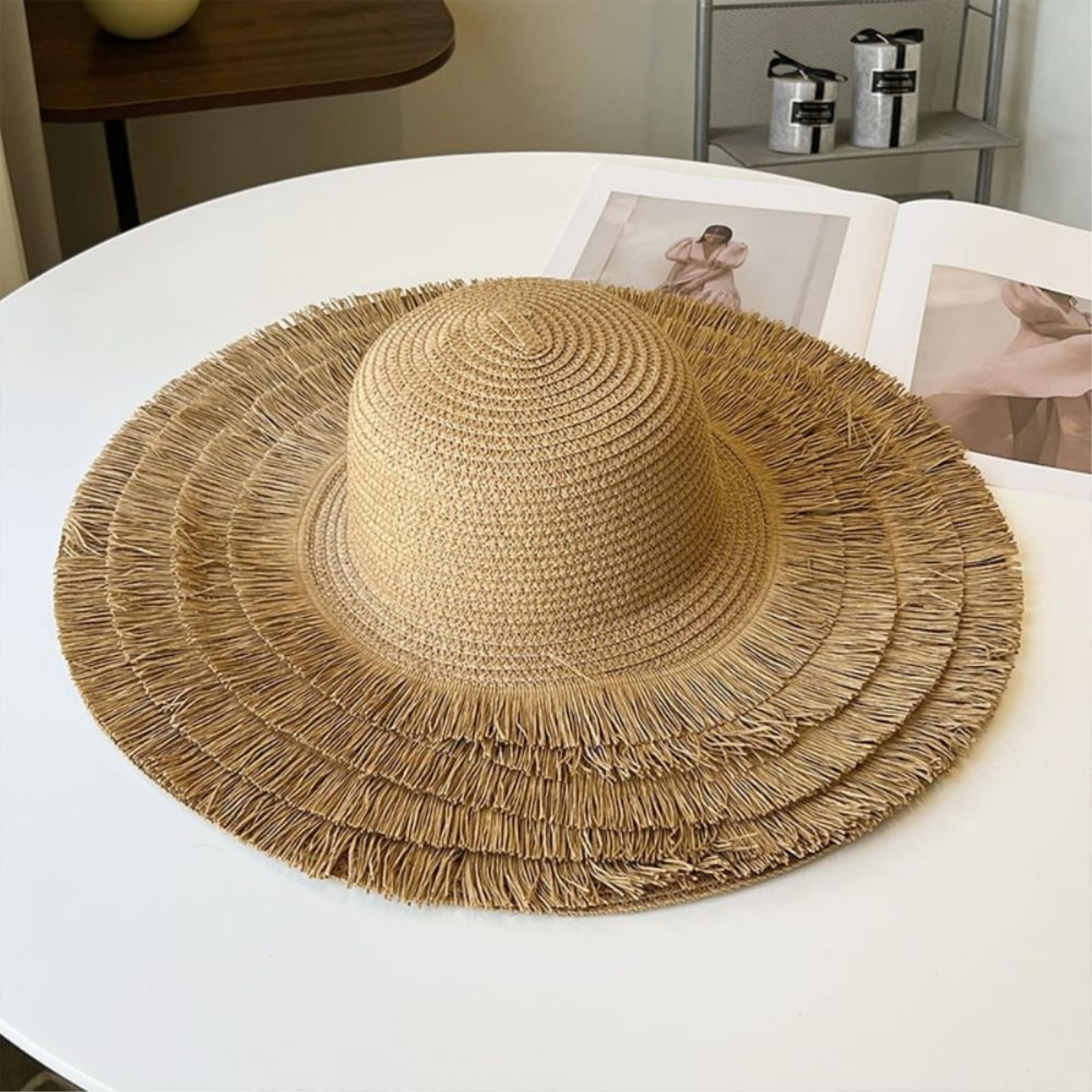 Straw Hat Women's Fashionable Wide-Brimmed Hat, składany Casual Panama Sun Protection Fisherman Hat-beżowy