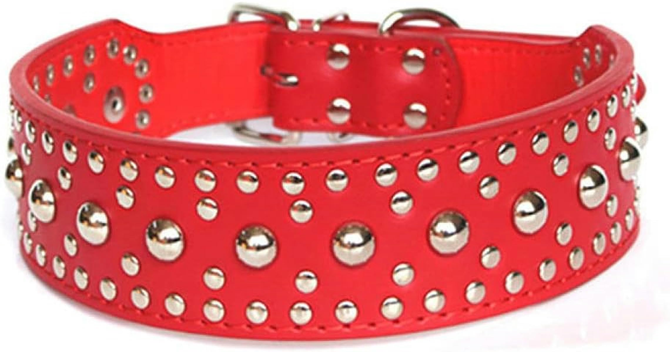Hundezubehör, verstellbares Lederhalsband mit Nieten und Pilzbesatz, stilvolles und ansprechendes Halsband, rot, L
