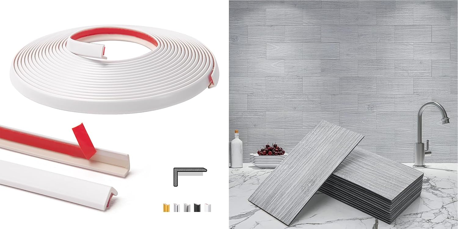 Art3d 20ft Outside Vinyl Corner Trim with Peel and Stick Backsplash PVC Wall Tile