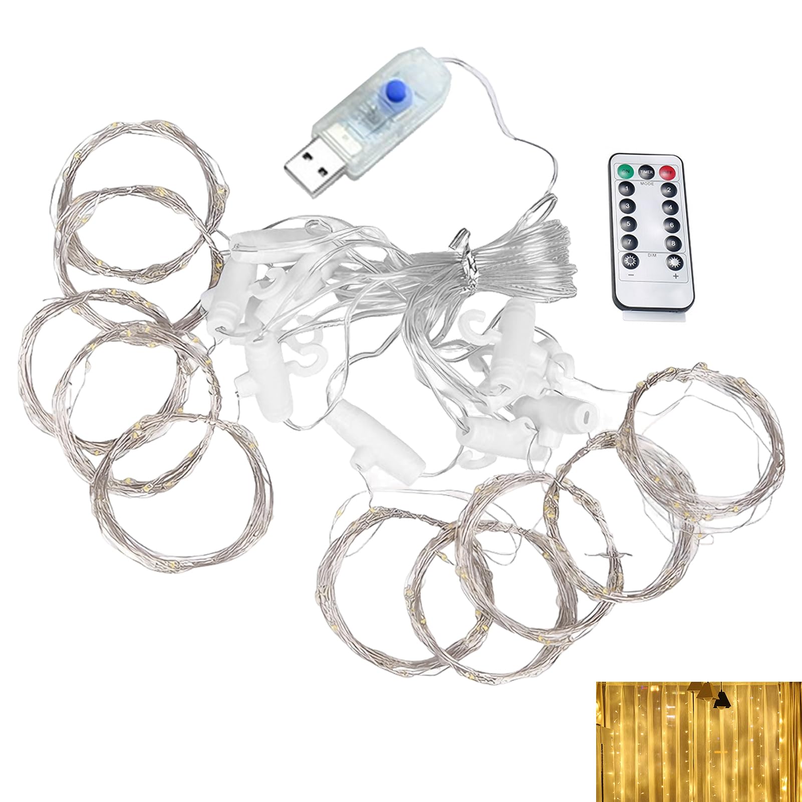 Curtain Fairy Lights 300 LED 3x3m, Window Lights Indoor Outdoor Waterfall Fairy with Remote and 8 Modes, Plug in Window String with Hooks and USB Powered Cable, IP44 Waterproof Hanging Warm White