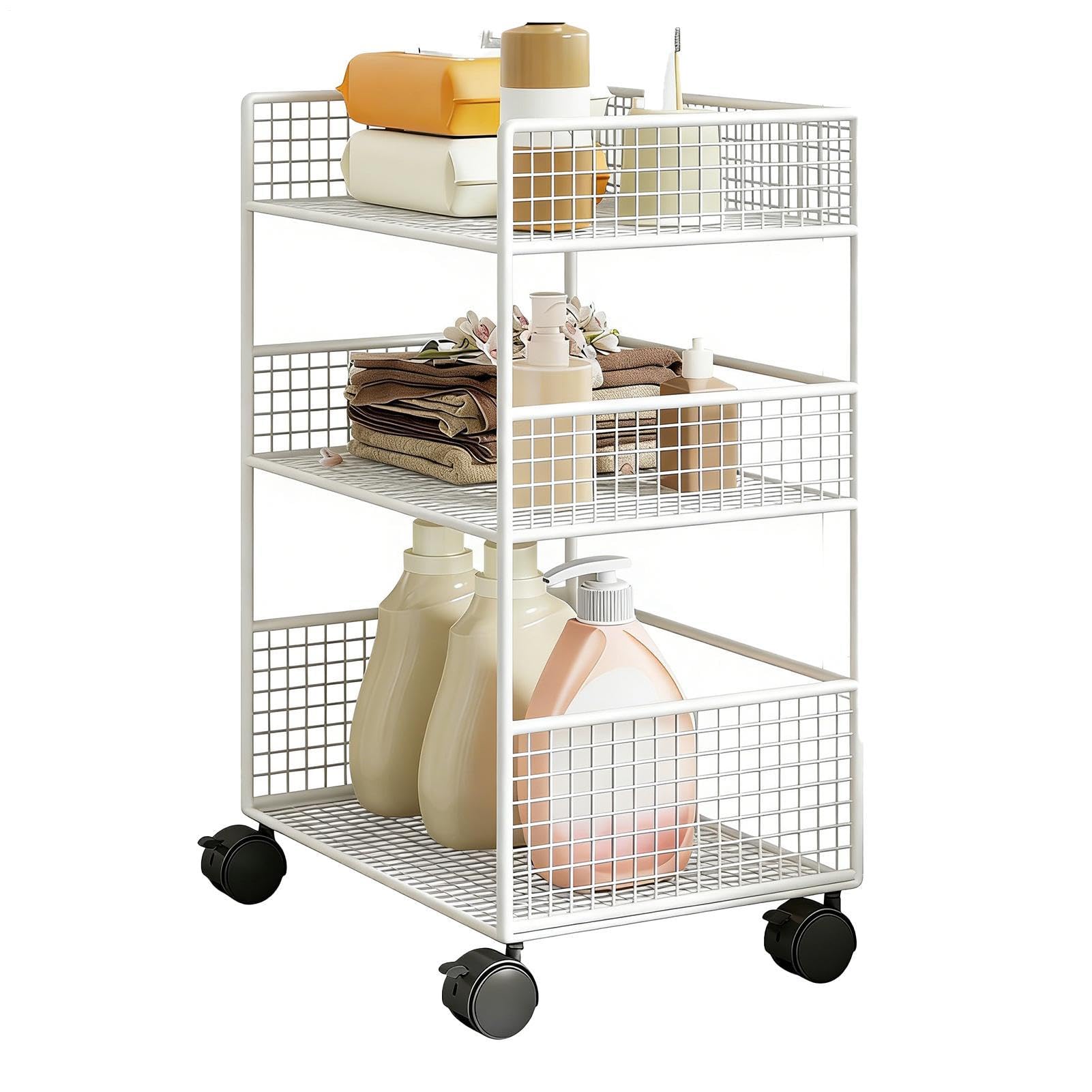 Carrello rotabile a 3 livelli | Metallico Mobile 3 Livelli con Ruote - Conservazione e Organizzazione | per Snacks, Frutta, Pulizia, Ufficio, Bagno, Casa, Soggiorno
