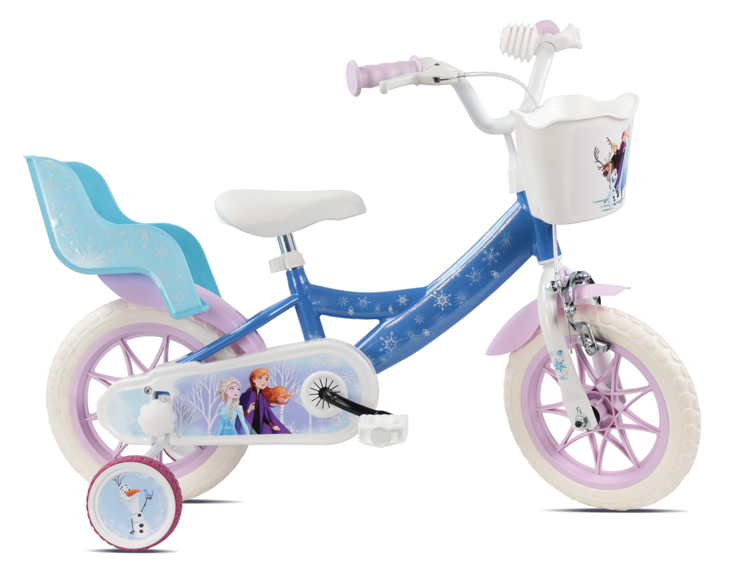 Vélo 12' Reine des Neiges/Frozen de Disney équipé de 1 Frein, Panier Avant, Porte poupée arrière, Garde boues, Carter et stabilisateurs !