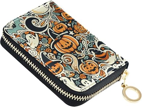 Many Halloween Characters Credit Card Holder, Small RFID Blocking Wallet, Accordion Style Card Case with Key Chain Zipper
