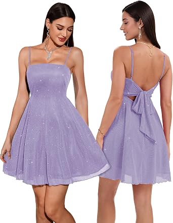 DRESSTELLS Sparkly Short Homecoming Dress, Bow Tie Back for Cocktail Party | 3-layer Puffy Aline, Fit Flare for Teens, Adjustable Straps, Semi formal for Women