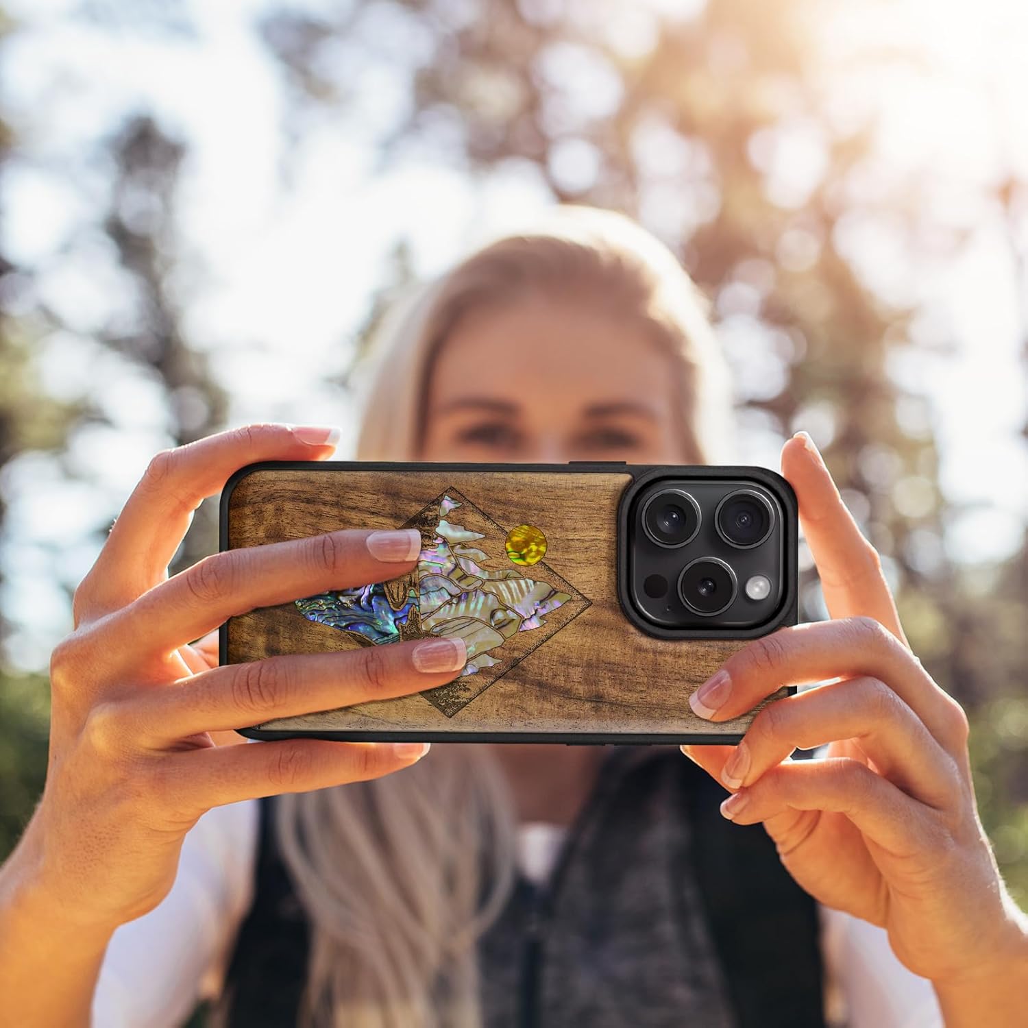 Carveit Magnetic Case for iPhone 16 Pro Case, Wood Artisan Engraved & Handmade Shell Inlaid, TPU Shockproof Cover, Compatible with MagSafe Wireless Chargers (Mountain Path-Walnut)