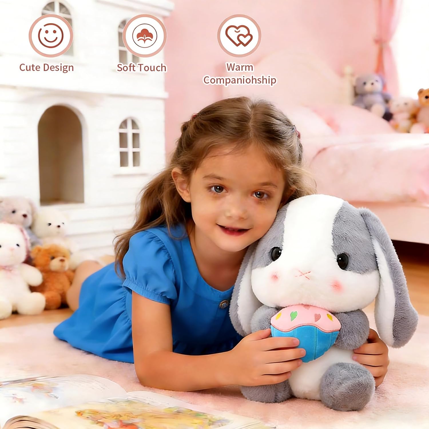 HOUPU Soft Toy - Sitting Lop Eared Rabbit, Easter White Rabbit Stuffed Bunny Animal with Carrot Soft Lovely Realistic Long-Eared Standing Pink Plush Toys (Ash White-Cake,16.9in/43cm)