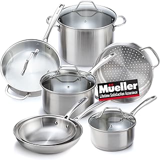 Mueller Pots and Pans Set 11-Piece, Ultra-Clad Pro Stainless Steel Cookware Set, Ergonomic and EverCool Stainless Steel Ha...
