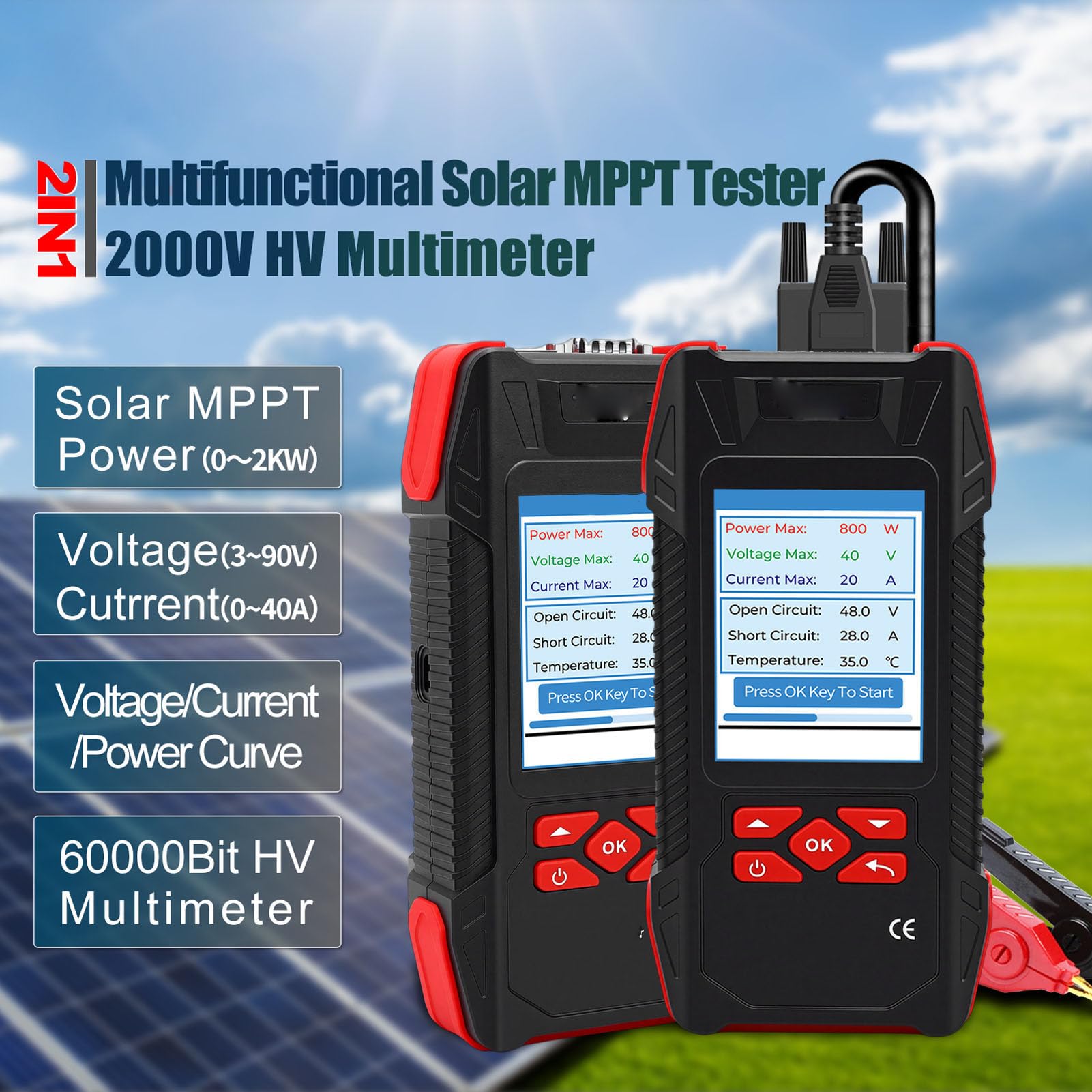 Jectse Misuratore MPPT per Tester per Pannelli Solari da 2000 W, Misuratore di Test Fotovoltaico Professionale da 90 V 40 A, con Blocco Dati Retroilluminato, Display Curva MPPT