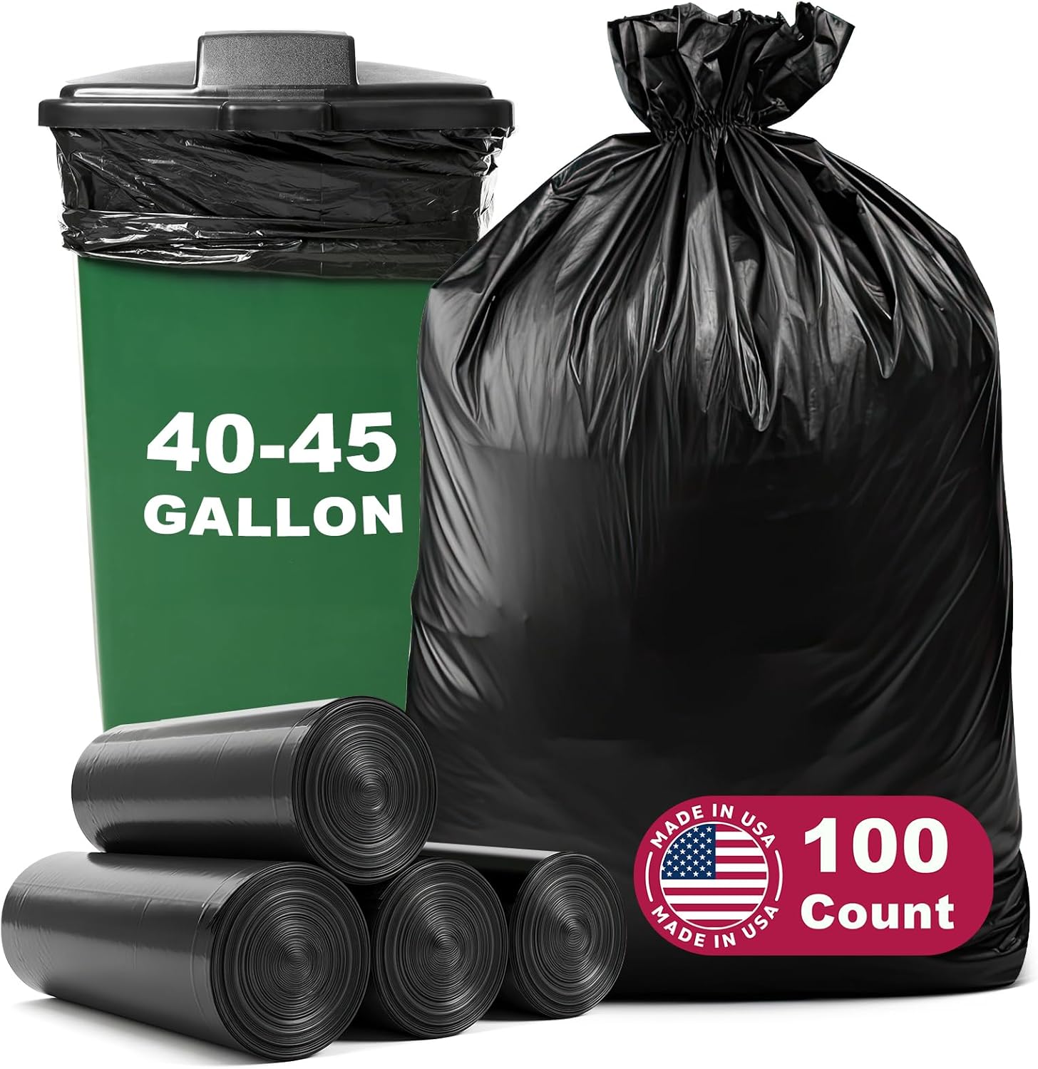 40-45 Gallon Garbage Bags, 40"x48", Pack of 100, Heavy Duty Large Trash Bag, Strong Trash Can Liners for Office, Picnic, Kitchen, Commercial, Made in USA