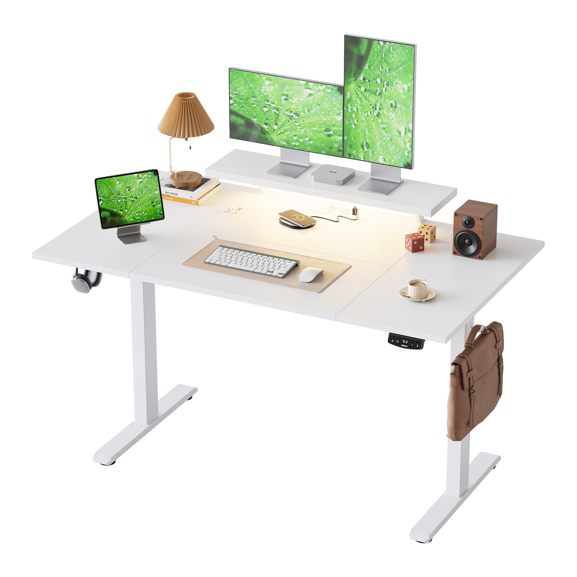 Klicelor Height Adjustable desk with LED Lights and Power Outlets, 140x80cm, movable monitor stand for Game and Home Office, Standing desk with 4-piece tabletop, white