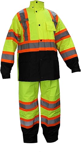 New York Hi-Viz Workwear RW-CLA3-TLM55 Y OR77 Clase 3 Traje de lluvia, chaqueta, pantalones de alta visibilidad reflectante fondo negro