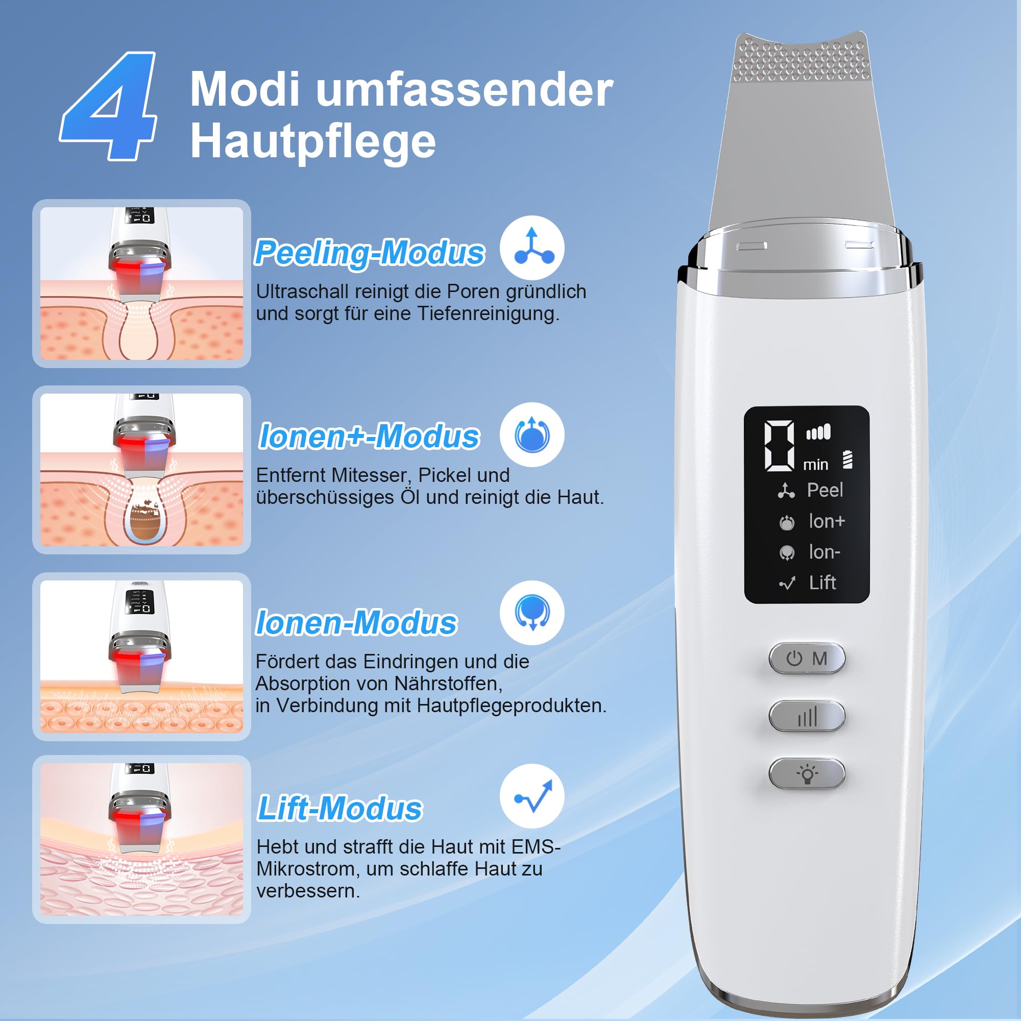 Skin Scrubber Ultraschall, Porenreiniger Gesicht mit 4 Modi und Einstellbarer Intensitä, Rotes Blaues Licht, LED-Anzeige und 5-Minuten-Autoabschaltung Mitesserentferner Gesichtsreinigung Gerät