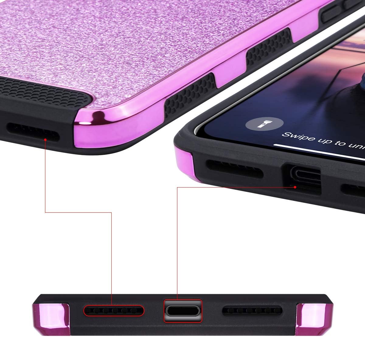 ULAK iPhone XR Case, Luxury Glitter 2 in 1 Dual Layer Slim Fit Soft TPU Hard Laminated with Sparkly Shiny Faux Leather Chrome Shockproof Protective Cover, Purple