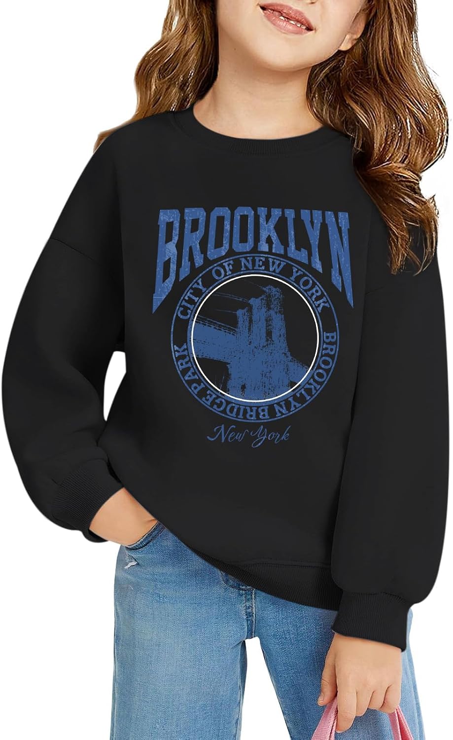 Pairxily Girls Graphic Crewneck Sweatshirts New York Letter Printed Drop Shoulder Pullover Vintage Long Sleeve Casual Tops
