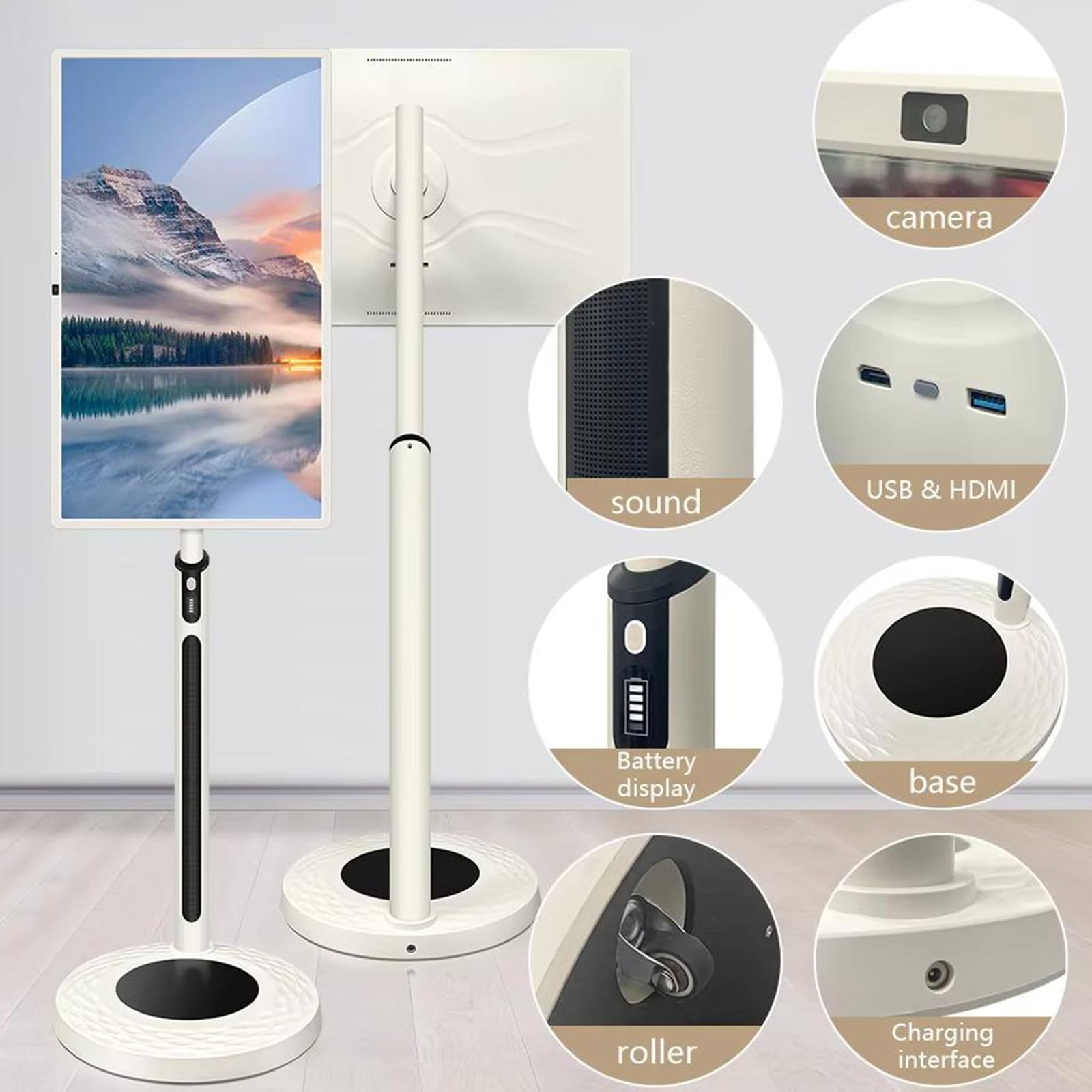 Televisor inteligente portátil inalámbrico con ruedas de 32 pulgadas, televisor con pantalla táctil y tableta en uno, con cámara HD de 13 MP, Android 13, batería de 4 a 6 horas, 8 GB + 128 GB Black