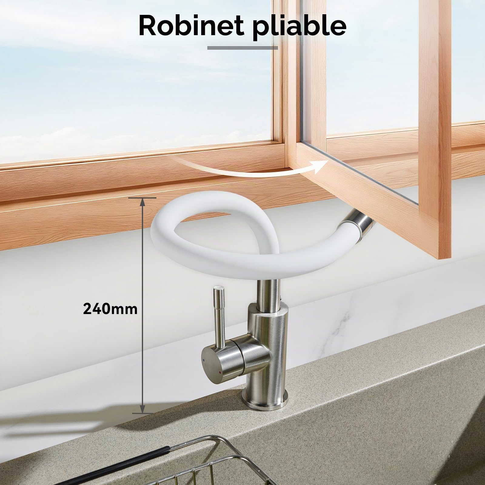 CECIPA Robinet de Cuisine Flexible, Mitigeur Cuisine Blanc Flexible Acier en Inoxydable 304, Mitigeur 2 Jets Mousse/Pulvérisation Pivotant 360°, Robinet d'Évier Haute Pression Économie d'Eau 40%