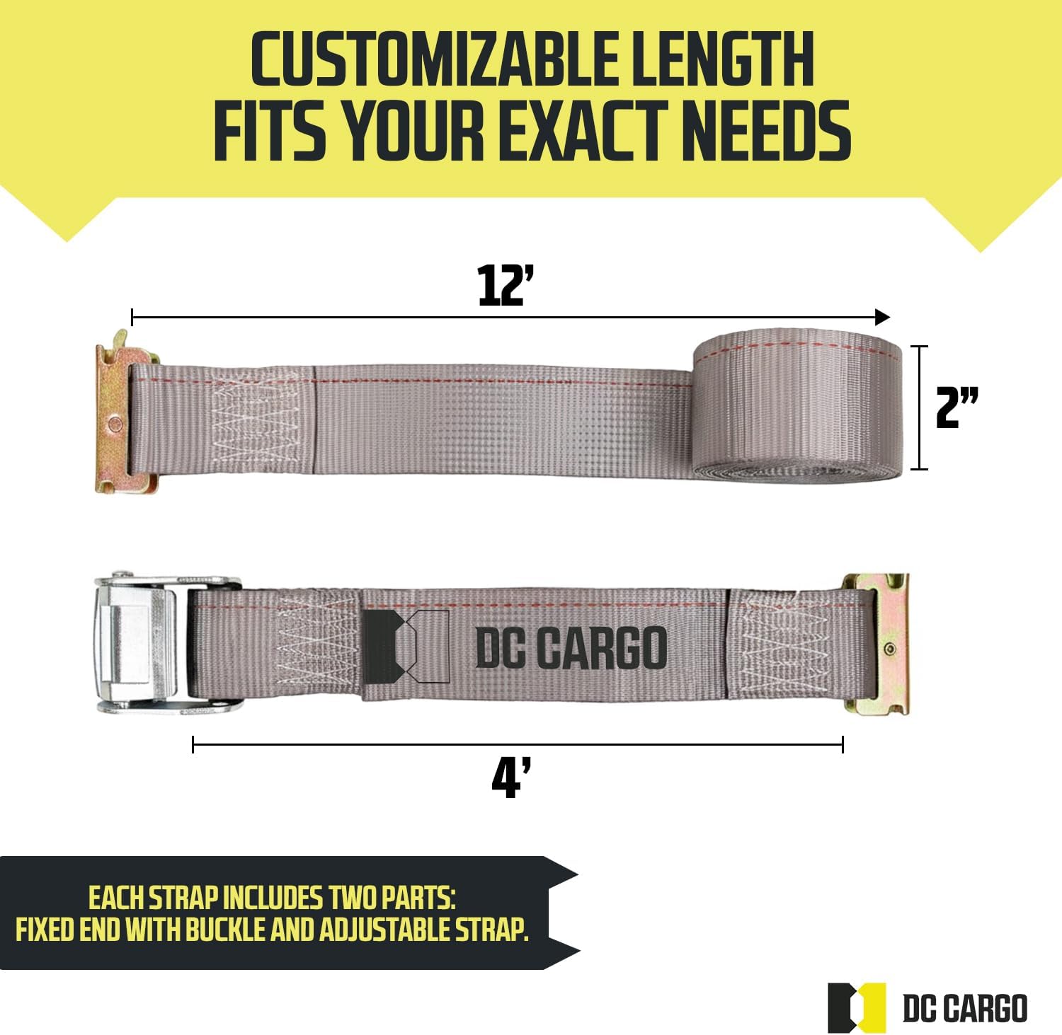 DC Cargo Mall E Track Straps 2" x 16', Heavy Duty Cam Buckle Tie Down Straps 3000Lbs Break Strength (4 Pack Grey) E Tack Accessories for Load Securement in Pickups, Trailers, Trucks, Boats, Vans, Cars