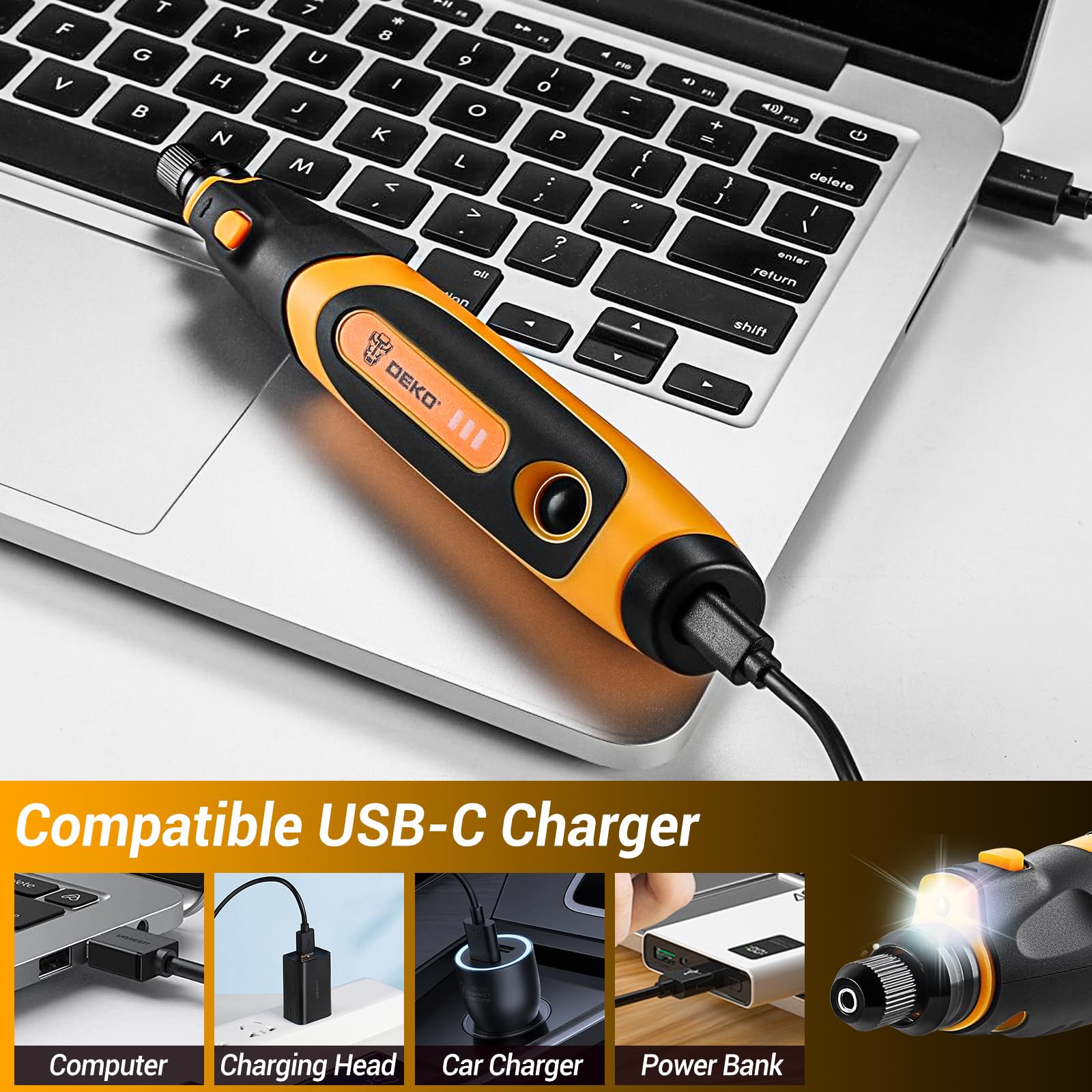 Utensile rotativo ricaricabile: DEKOPRO 3,7 V utensile rotativo, completo di 70 accessori per la levigatura. Un potente utensile con indicatore di velocità variabile e ricarica di tipo C.