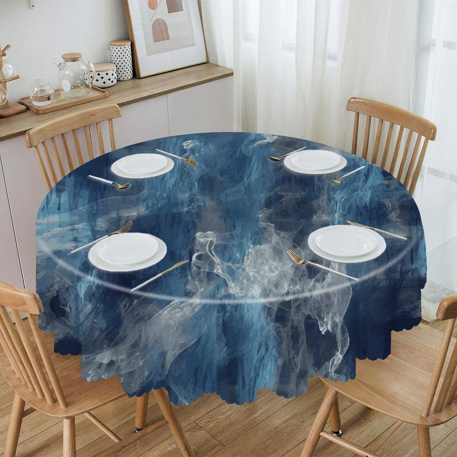 VstaDank Abstract Blue Round Tablecloth 60 Inch Easy to Clean Circle Table Cover Thick Decorative Round Polyester Table Cloth for Dining Kitchen Party Farmhouse Outdoor