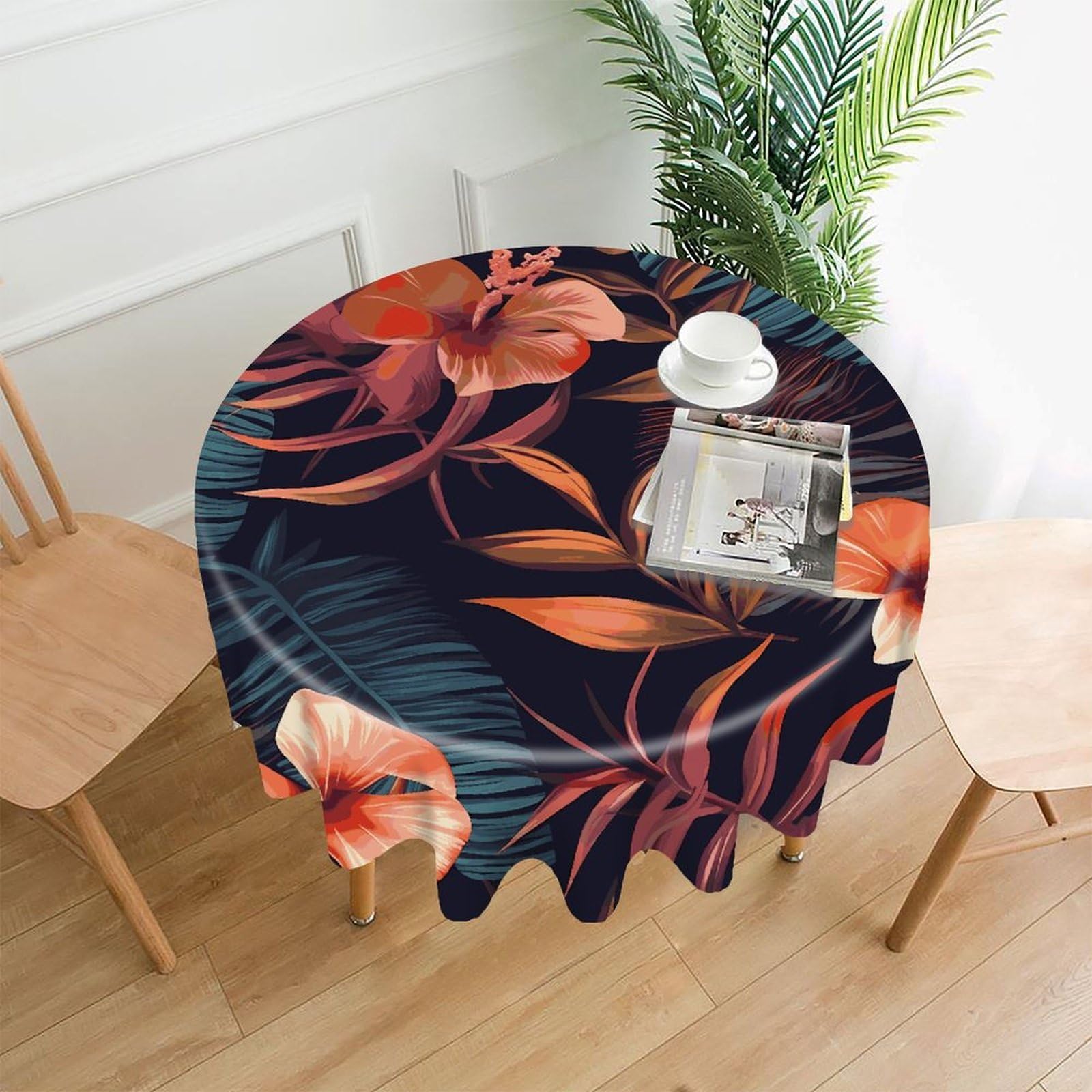 FekiLoot Tropical Flower Round Tablecloth Cover 60 Inch Wrinkle Free Washable Polyester Fabric Table Cover Decorative Round Table Cloth for Home Dining Kitchen Party Farmhouse