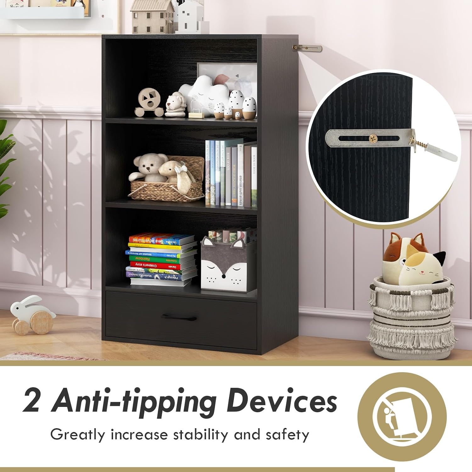 GOFLAME 4-Tier Small Bookcase with Storage Drawer, 42.5” Wood Bookshelf with 3 Open Shelves, Modern, Standing Organizer Storage Cabinet for Living Room, Home Office, Study, Black
