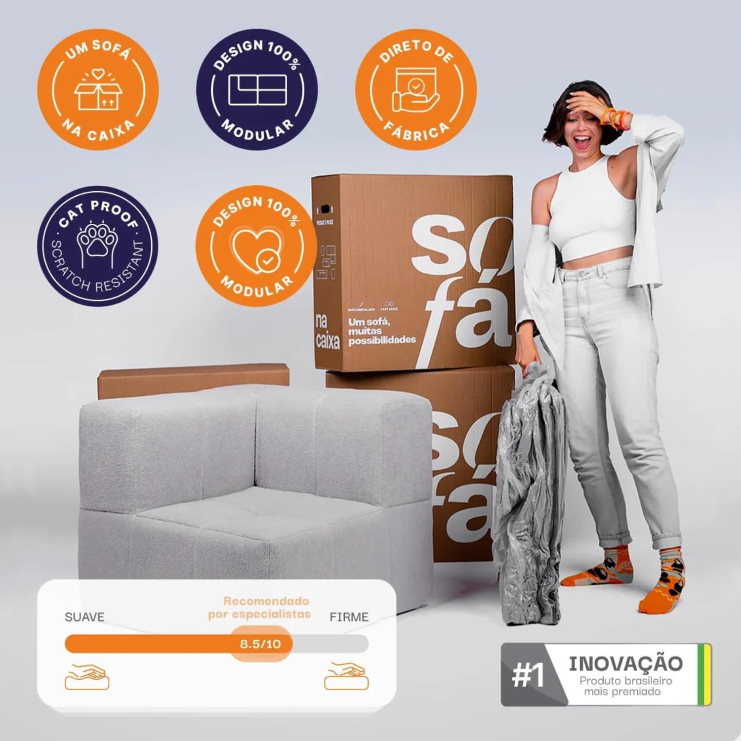 Sofá Na Caixa Modular 3 Lugares Com Chaise - Em Boucle (Linho, 1 7