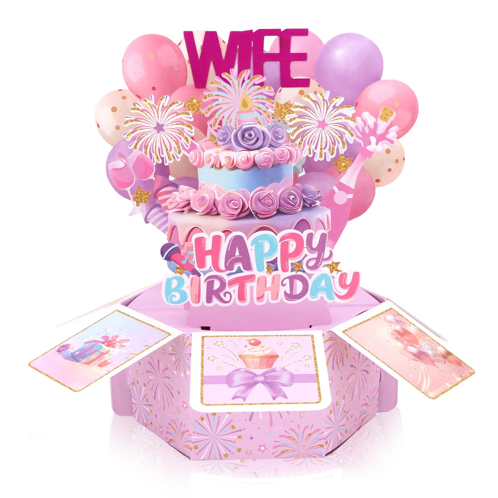 KIUEZIR Wife Birthday Pop Up Card with 3D Colorful Fireworks, Balloons & Cake Design, Pop-Up Purple Greeting Card Box with Envelope for Women, Creative Decorations Birthday Celebration