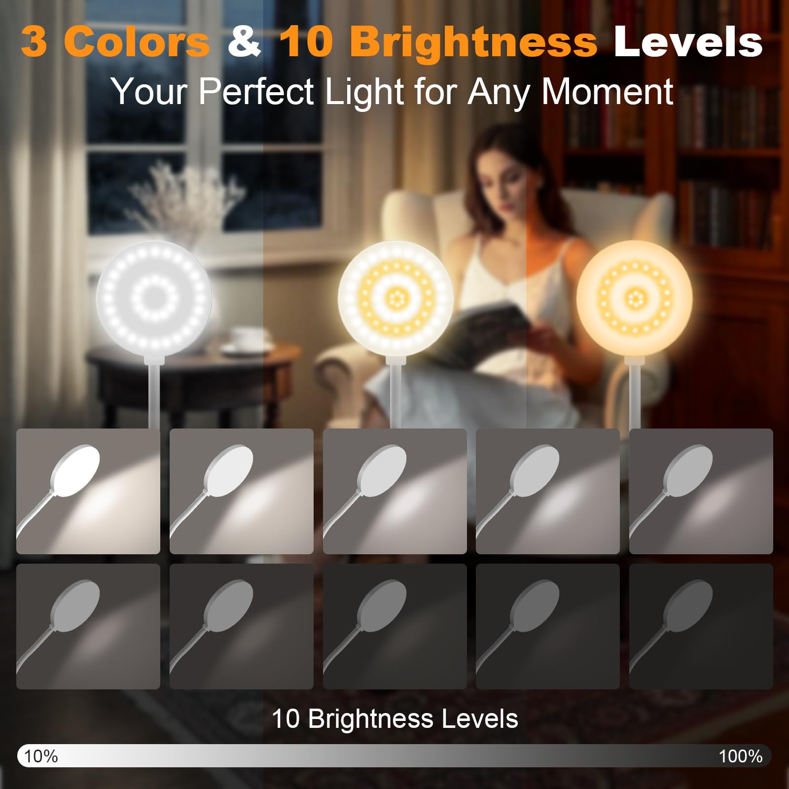 ZAPLIT 61 LED Lampada da Lettura a Clip Ricaricabile USB-C – 3 Temperature Colore & 10 Luminosità, 2000mAh, Collo Flessibile 40cm, per Camera da Letto, Scrivania e Campeggio