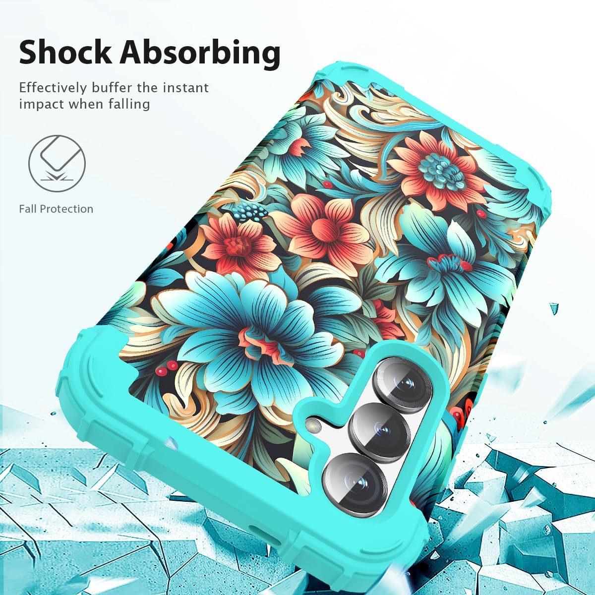 for Galaxy S25 5G Case,3 in 1 Oil Painting Flower Pattern Heavy Duty Shockproof Protection Silicone Rubber Bumper+Hard Plastic Protective Cover for Samsung Galaxy S25,Blue Flower - Image 3