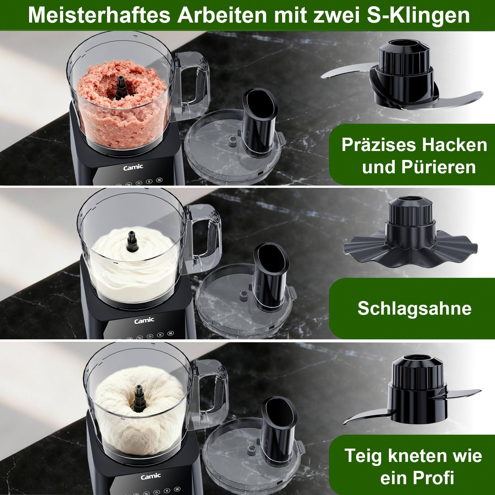 Camic Kompakte Küchenmaschine Food Processor 1500W Motor, 6 Funktionen, PowerChop, 3-in-1 Scheibe, Einfacher Zusammenbau, 2,5L Schüssel (Upgrade-Version)