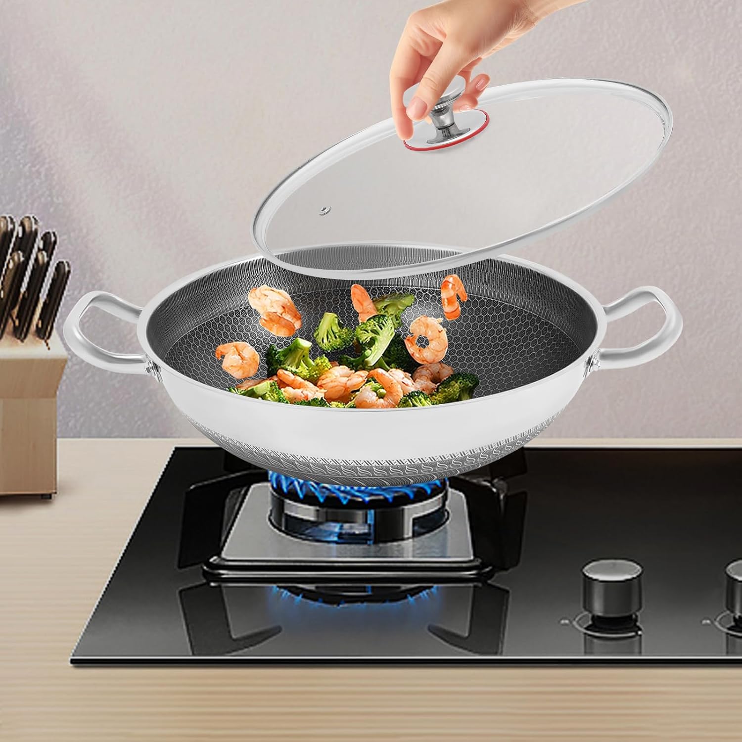 13Inch Tri-Ply Stainless Steel Pan, Nonstick Paella Pan with Glass Lid, Large Skillet, Honeycomb Frying Pan - Oven & Induction Safe, Cookware for Sauteing Stir Fry