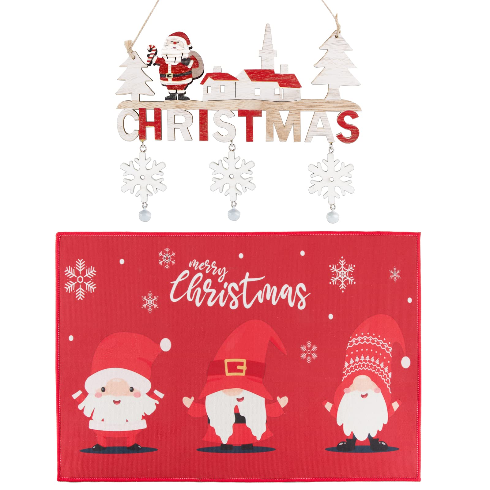 FLOFIA 2Kit Felpudo Navidad 40*60cm Kit Cartel Madera de Navidad Puerta, Alfombra Navidad Entrada Puerta Cocina Casa, Felpudo Entrada Exterior, Letrero Colgante Madera para Puerta (Cartel + Felpudo)