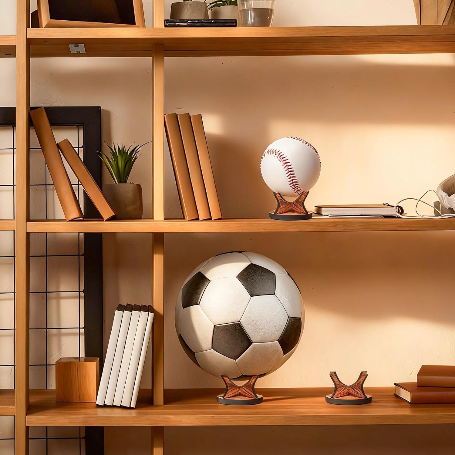 yosham Walnut Wood Baseball Display Stand Set of 3 – Small Ball Holder Rack for Baseball Golf Ball Softball Tennis Ball and Sports Memorabilia – Wooden Sphere Display with Non Slip Rubber Pads 2